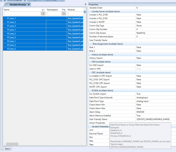 Dialog Import proměnných SCADA s výběrem zdroje