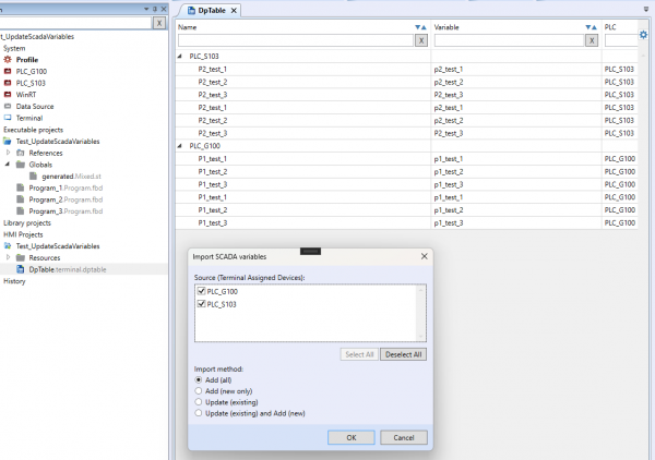 Dialog Import proměnných SCADA zobrazující možnosti metody importu