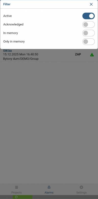 Filtr alarmů