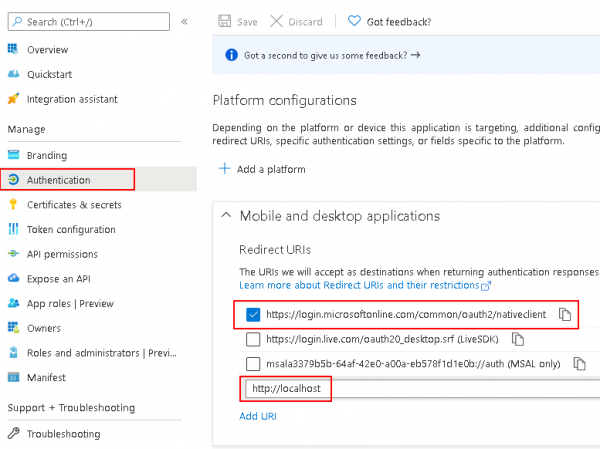 Přidání Redirect URI v záložce Authentication