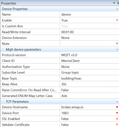 Setting the TCP and MQTT device parameters
